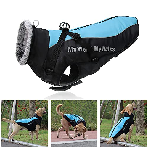 Wasserdichter warmer Hundemantel gepolstert große Hundejacke Winterkleidung Fellkragen Kostüm für kleine mittelgroße und große Hunde Stier Golden Retriever Labrador Deutscher Schäferhund (Blau XL) von Wishdeal