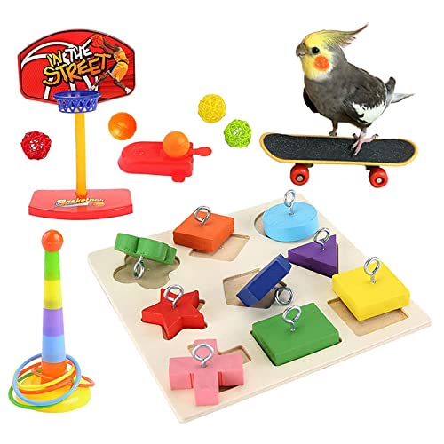 WishesMar Papageien Spielzeug Set 4 Stück Vogel Intelligence Trainings Spielzeug mit Roller Basketball Spielzeug zur Erkennung von Holzblöcken für Budgie Wellensittich Nymphensittich Sittich von WishesMar
