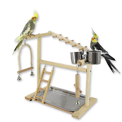 WishesMar Wellensittich Spielplatz Vogel-Spielplatz mit Feeder-Cup Spielzeug Leiter Erklimmen Schaukel und Tablett für Nymphensittich Papageien Wellensittiche, Holz, Größe 39.5x36.7x23 cm von WishesMar