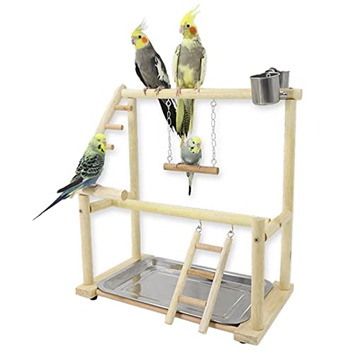 WishesMar Wellensittich Spielplatz Vogel-Spielplatz mit Feeder-Cup Spielzeug Leiter Erklimmen Schaukel und Tablett für Nymphensittich Papageien Wellensittiche, Holz, Größe 40.5x37x23 cm von WishesMar