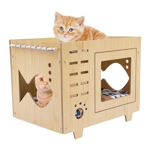 Katzenhaus Katzenhöhle Bodenmontage Balkon Katzenbett aus Holz 55 * 40 * 44cm Innen Hütte sicher & ungiftig mit erhöhtem Sockel für pet Schlafen und Spielen von Wiyuer