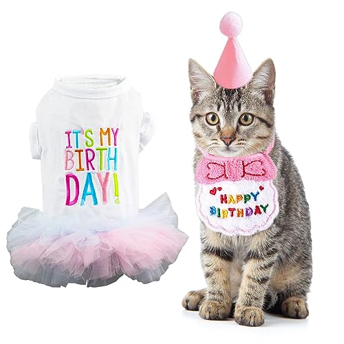 3er-Pack Mädchen Hund Geburtstag Tutu Kleid, rosa Katze Hund Geburtstag Bandana Schal und Partyhut, kleine Hunde Geburtstag Outfits, Katze Geburtstag Party Supplies (XS, Rosa) von Wiz BBQT