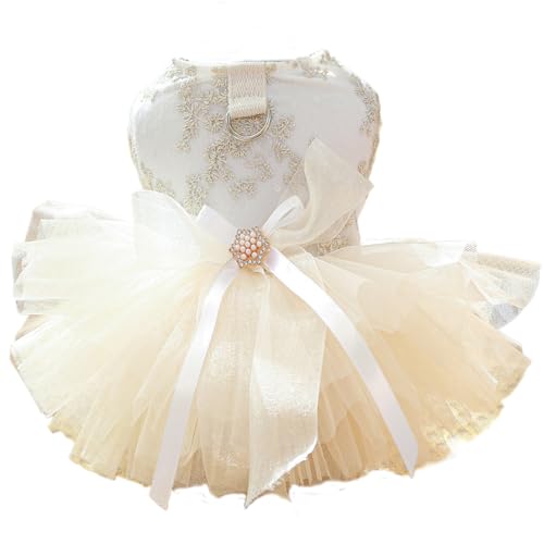 Champagnerfarbenes Hundekleid für kleine Hunde und Mädchen, mit Leinen-Ring und Schleife, luxuriöses Hunde-Hochzeitskleid mit mehrlagigem Prinzessinnen-Tutu-Rock, besticktes Katzenkleid (XS) von Wiz BBQT