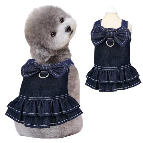 Denim-Hundekleid für kleine Hunde, Mädchen mit D-Ring und Schleife, Klettverschluss, Dunkelblau, Größe XS, für Welpen, Katzen, Yorkie, Chihuahua, niedliche Welpen-Katzenbekleidung (Größe M, Denim 01) von Wiz BBQT