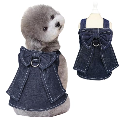Denim-Hundekleid für kleine Hunde, Mädchen mit D-Ring und Schleife, Klettverschluss, dunkelblau, Größe XS, für Welpen, Katzen, Yorkie, Chihuahua, niedliche Welpen-Katzenbekleidung (Größe XXL, Denim 02 von Wiz BBQT
