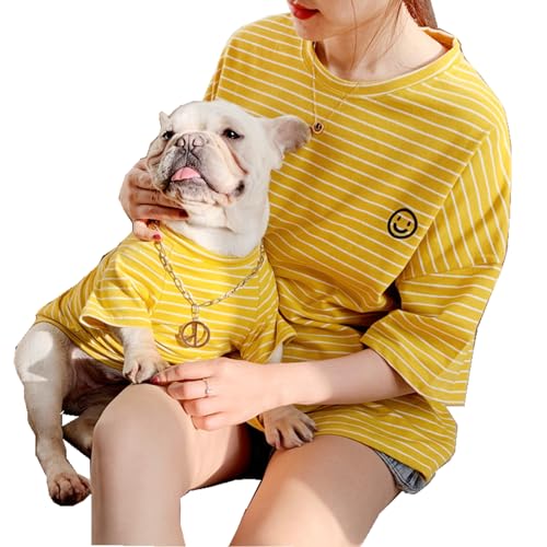 Gestreifte Hunde-Shirts für kleine und mittelgroße Hunde, Baumwolle, passende Hunde- und Besitzerkleidung separat erhältlich, weiche Welpenkleidung (für Besitzer, Gelb, Besitzer XL, Brustumfang 129 von Wiz BBQT
