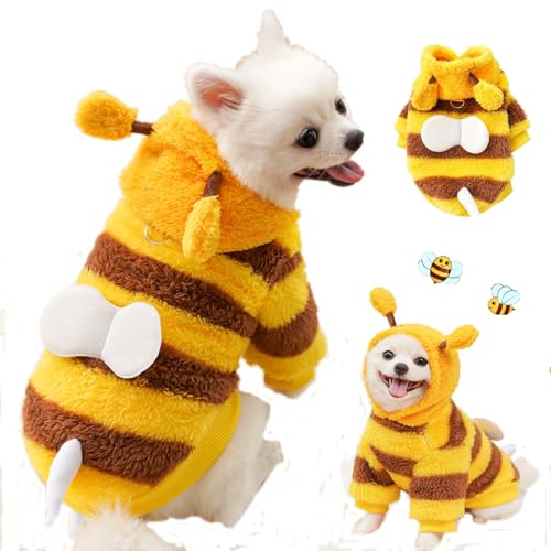 Hunde-Bienenkostüm für Halloween, Fleece-Hunde-Kapuzenpullover für kleine Hunde mit Ring für die Leine, Kaltwettermantel für Hunde, Welpen, Halloween-Kostüme für Dackel, Französische Bulldogge von Wiz BBQT
