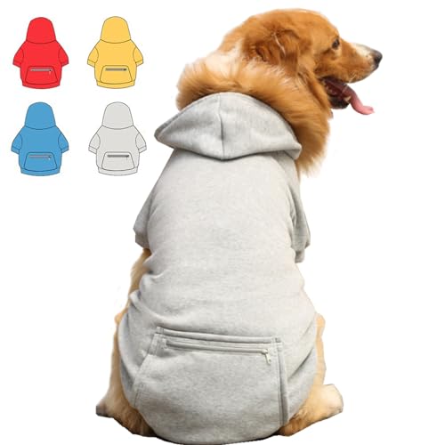 Hunde-Kapuzenpullover für kleine, mittelgroße und große Hunde, Fleece-Hoodie für Hunde mit Reißverschlusstasche, Herbst/Winter, Hunde-Sweatshirts für alle Größen (4XL, Grau) von Wiz BBQT