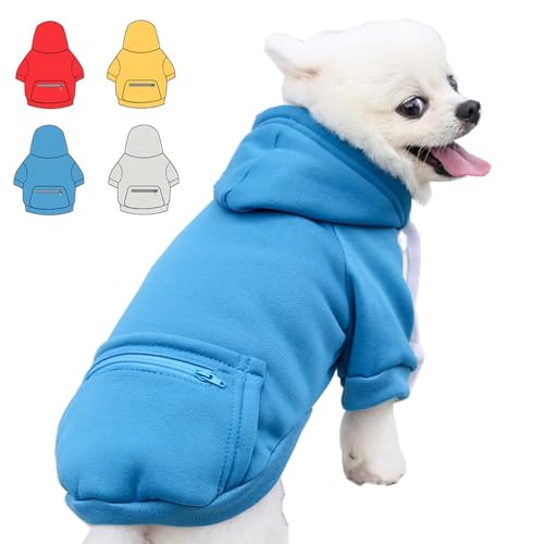 Hunde-Kapuzenpullover für kleine, mittelgroße und große Hunde, Fleece-Hoodie für Hunde mit Reißverschlusstasche, Herbst/Winter, Hunde-Sweatshirts für alle Größen (S, Blau) von Wiz BBQT