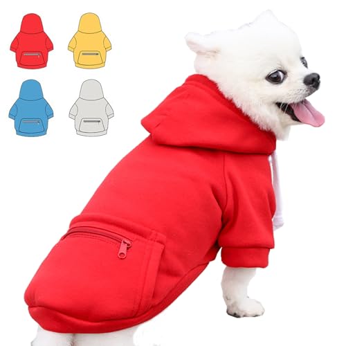 Hunde-Kapuzenpullover für kleine, mittelgroße und große Hunde, Fleece-Hoodie für Hunde mit Reißverschlusstasche, Herbst/Winter, Hunde-Sweatshirts für alle Größen (XS, Rot) von Wiz BBQT