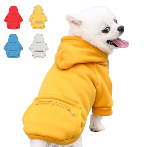 Hunde-Kapuzenpullover für kleine, mittelgroße und große Hunde, Fleece-Hoodie für Hunde mit Reißverschlusstasche, Herbst und Winter, Hunde-Sweatshirts für alle Größen (S, Gelb) von Wiz BBQT