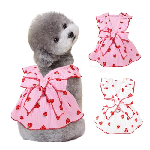 Hunde-Kleid für kleine und mittelgroße Hunde, Kleidung für kleine und mittelgroße Hunde, Kleidung aus Baumwolle mit Leinen-Ring und Banddekoration, rosa und weiß, Erdbeer-Druck, Kleidung für Hunde, 2 von Wiz BBQT