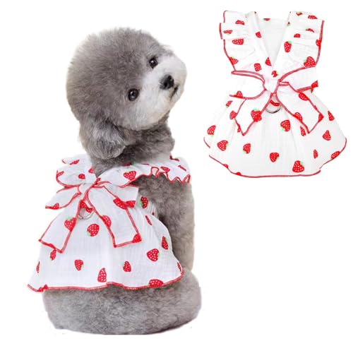 Hundekleid für kleine Hunde und Mädchen, 100 % Baumwolle, mit Leine, Ring und Schleife, niedlich, kleine Hundekleidung für Mädchen, Erdbeer-Druck, Sommerkatzenkleider nur für Katzen, Weiß, Größe XS von Wiz BBQT