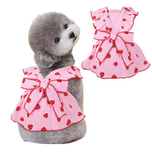 Hundekleider für kleine Mädchen, 100 % Baumwolle, Kleidung mit Leinen-Ring und Schleife, niedlicher Erdbeerdruck, Sommerkatzenkleider (Rosa, Größe S) von Wiz BBQT