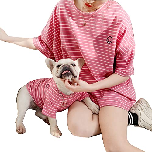 Passende Kleidung für Hunde und Besitzer, rosa gestreift, Sommer-T-Shirt, Schlafanzug für mittelgroße und große Hunde mit gesticktem Smiley-Gesicht (Haustier, 7XL) von Wiz BBQT