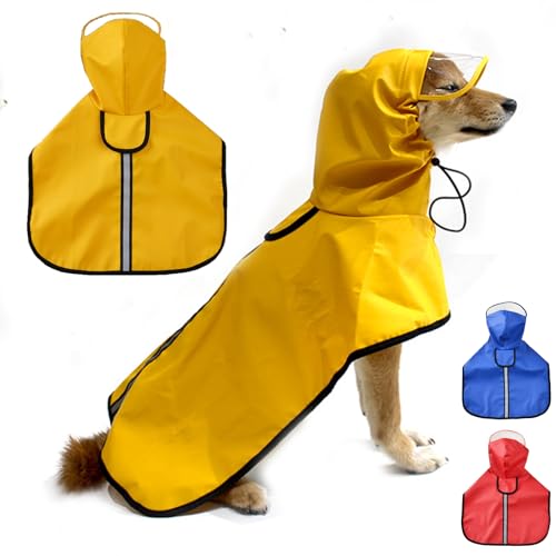 Wasserdichter Hunde-Regenmantel für kleine Hunde, Welpen, Poncho mit reflektierenden Sicherheitsstreifen, leichte Haustier-Regenbekleidung mit Loch für die Leine (Größe M, Gelb) von Wiz BBQT