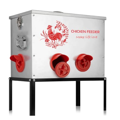 Wmzjnljy 1 x 18 kg Kapazität Hühner-Futterstation mit 6 Anschlüssen, groß, Metall, automatischer Hühner-Futterstation, rattensicher, mit Verriegelungsdeckel und Beinen, verzinkt für Hühner, Enten von Wmzjnljy