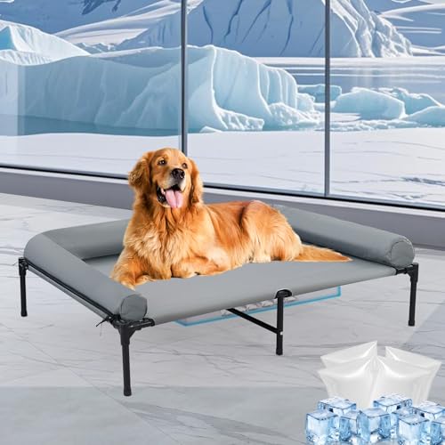 Erhöhtes Hundebett mit Kissen, erhöhtes Hundebett mit sechs Stützfüßen, atmungsaktiv, kühlendes Hundebett, mittelgroße und große Hunde, Outdoor-Haustier-Hängematte, Haustierbetten mit 4 Kühlakkus von Wn's Day