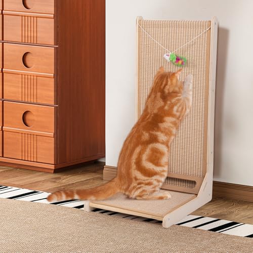 Sisal-Kratzbaum für Indoor-Katzen, L-förmiges Katzenkratzbrett, große Katzenkratzbäume zum Schutz von Möbeln, massives Holz, Kratzunterlage mit Mausspielzeug (vertikaler Kratzer) von Wn's Day