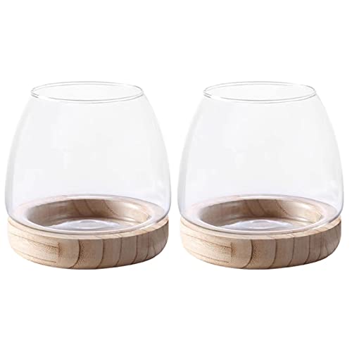 Wnvivi 2 x transparente Glas-Fischschalen mit Holzsockel, Glas-Terrariumbehälter, Glas-Aquarium-Bambus-Basis, Mini-Aquarium-Schüssel von Wnvivi