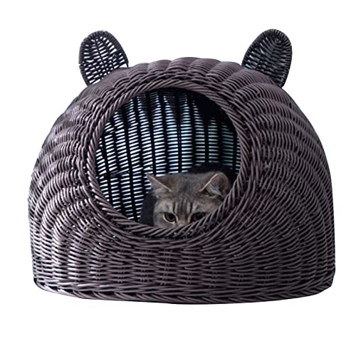 Wnvivi Katzenbett aus Kunststoffgeflecht für Hauskatzen, niedliches Katzenohren-Katzenbett, handgewebtes Rattan, halbgeschlossenes Katzenhaus für kleine Katzen, Kätzchen, B, 38 x 38 cm von Wnvivi