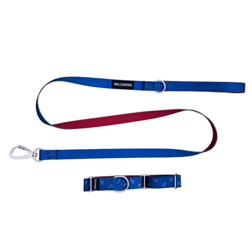 Dog Martingale Halsband 25 mm Breite und Leine 140 cm, Walking Set (Halsband Länge M (27 cm - 45 cm), blaue Anker / Rot von Wo.Cherie
