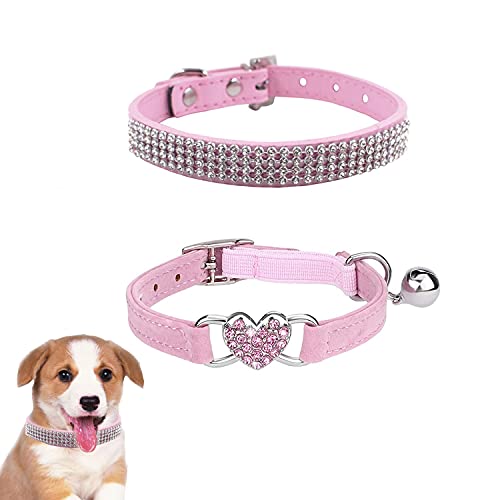 2 Stuck Strass Hundehalsband, Bling Glitzernd Leder Katzenhalsband und Verstellbarer Kragen aus Weichem Samt mit Strasssteinen Diamant Halsband Haustier für Kleine Hunde Katzen Hundedekor (Pink) von WoYous