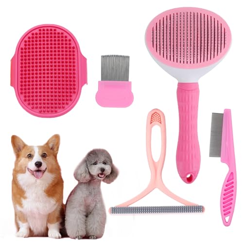 Hundepflege Bürsten, Hunde Bürste Set Selbstreinigende Slicker Bürste Für Hunde Hundebürste Verschütten Set Haustier Werkzeug Badebürste Mit Beruhigender Massage Gummi Floh Kamm (Stil 1) von WoYous