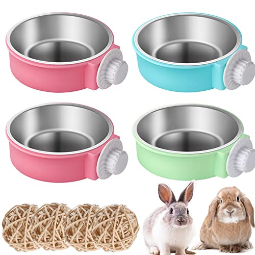 Hasenschüssel-Set, große Futternapf für Kaninchen, Haustiere, kleine Schüssel für Tierkäfig und hängende Wassernapf aus Edelstahl (4 Stück) (gemischte Farbe) von WoYous