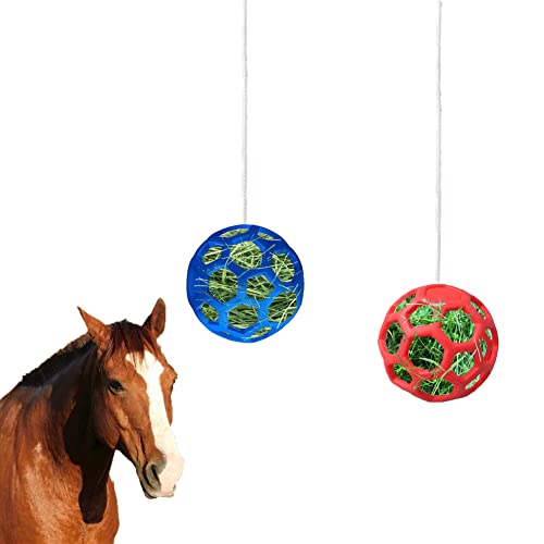 WoYous 2 Stuck Pferde Leckerli Ball Für Pferde Set, Hängende Heu Das Füttern Verlangsamen, Pferde Futterball Spielzeug Für Pferde, Ziegen, Schafe, (blau und Rot) von WoYous