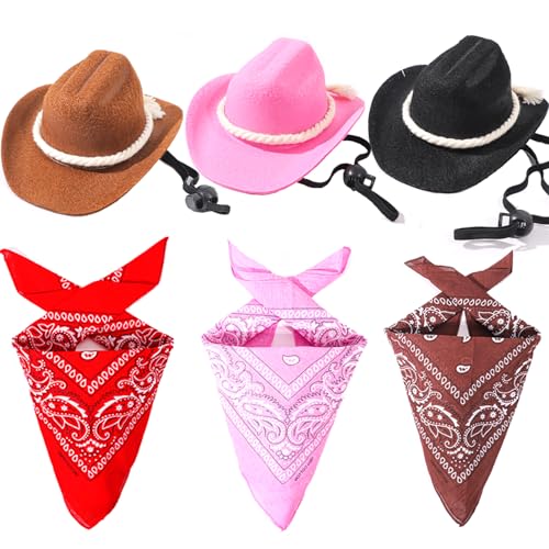 WoYous 3-teiliges Cowboy-Kostüm-Set für Hunde, Cowboyhut mit Bandana, Katze, Cowboy-Zubehör für Haustier, Cosplay, Party, Festival und tägliches Tragen (Braun, Schwarz, Rosa, Größe S) von WoYous