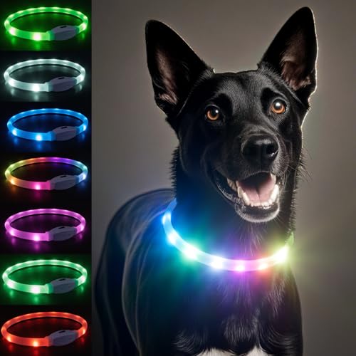 LED Hundehalsband 7 Farben 9 Leuchtmodi Typ C- aufladbares leuchtendes Halsband- Regendicht Leuchthalsband Hund extra große Batteriekapazität 650mAh mit bis zu 13+ Stunden Leuchtzeit, Länge schneidbar von Wobequ