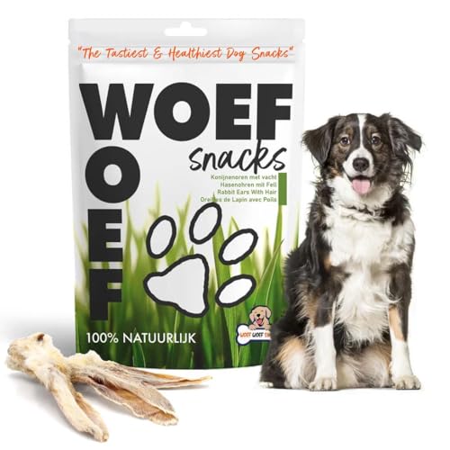 Woef Woef Snacks, Kaninchenohren mit Fell, 100% Natürliches hundeleckerli, Getrocknete Kaninchenohren kaustangen Hund, Hypoallergen und leicht verdaulich, 250g von Woef Woef Snacks