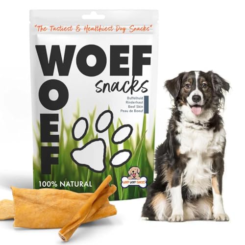 Woef Woef Snacks Büffelhaut, Natürliche Hundeleckerli, Getreidefrei 500g, Kausnack für gesunde Zähne, für mittelgroße und große Hunde, 15 cm Lange Büffelhaut von Woef Woef Snacks