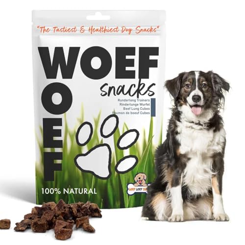 Woef Woef Snacks Rinderlungenwürfel, Natürliche Hundeleckerli, Getreidefrei 500g, Kalorienarmes Hundefutter Trocken, Perfekt fürs Training, Leckerlitasche für Hunde von Woef Woef Snacks