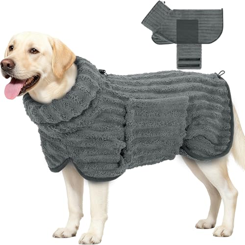 Woiil Hundebademantel aus Mikrofaser, Ultra Saugfähiger Bademantel Hund, Mit Klettverschluss Und Verstellbarem Gummizug, Maschinenwaschbar, Geeignet Für Große, Mittlere Und Kleine Hunde, Grau (L) von Woiil