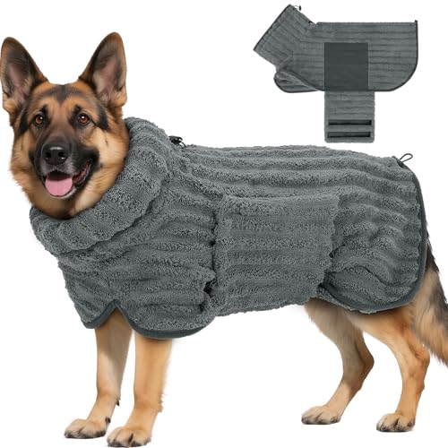 Woiil Hundebademantel aus Mikrofaser, Ultra Saugfähiger Bademantel Hund, Mit Klettverschluss Und Verstellbarem Gummizug, Maschinenwaschbar, Geeignet Für Große, Mittlere Und Kleine Hunde, Grau (XXL) von Woiil
