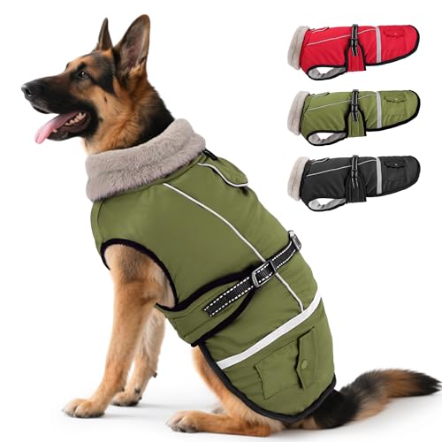 Woiil Hundemantel Winter, Hundemantel Wasserdicht für Grosse Hunde mit Verstellbaren Schultergurten, Hundejacke aus Fleece, Reflektierende Streifen, Geeignet für Deutsche Schäferhunde (XXL,Olivgrün) von Woiil