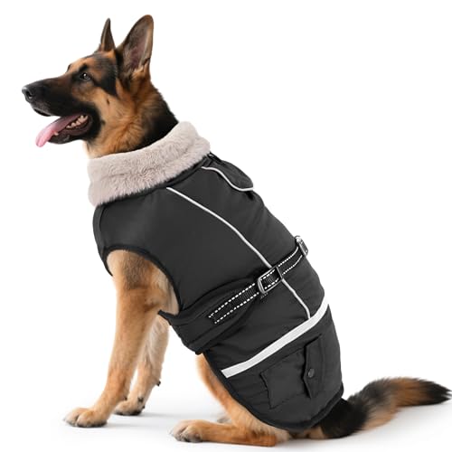 Woiil Hundemantel Winter, Hundemantel Wasserdicht für Grosse Hunde mit Verstellbaren Schultergurten, Warm Hundejacke aus Fleece, Reflektierende Streifen, Geeignet für Deutsche Dogge (XXXL,Schwarz) von Woiil