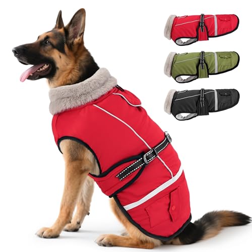 Woiil Hundemantel Winter, Hundemantel Wasserdicht für Grosse Hunde mit Verstellbaren Schultergurten, Warm Hundejacke aus Fleece, Reflektierende Streifen, Geeignet für Deutsche Schäferhunde (XXL,Rot) von Woiil