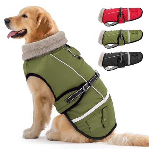 Woiil Hundemantel Winter, Hundemantel Wasserdicht für Grosse Hunde mit Verstellbaren Schultergurten, Warm Hundejacke aus Fleece, Reflektierende Streifen,Geeignet für Labrador (XL,Olivgrün) von Woiil