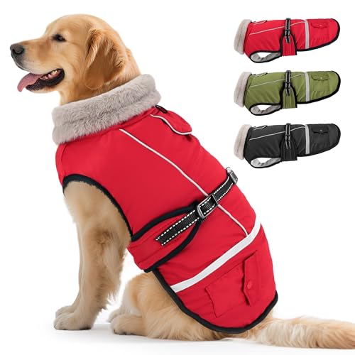 Woiil Hundemantel Winter, Hundemantel Wasserdicht für Grosse Hunde mit Verstellbaren Schultergurten, Warm Hundejacke aus Fleece, Reflektierende Streifen,Geeignet für Labrador (XL,Rot) von Woiil