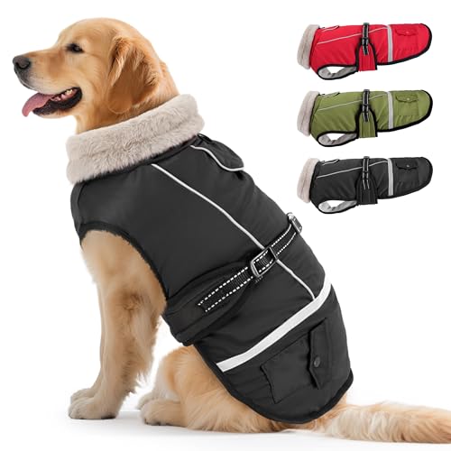 Woiil Hundemantel Winter, Hundemantel Wasserdicht für Grosse Hunde mit Verstellbaren Schultergurten, Warm Hundejacke aus Fleece, Reflektierende Streifen,Geeignet für Labrador (XL,Schwarz) von Woiil