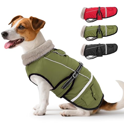 Woiil Hundemantel Winter, Hundemantel Wasserdicht für Kleine Hunde mit Verstellbaren Schultergurten, Hundejacke aus Fleece, Reflektierende Streifen, Geeignet für Jack Russells(M,Olivgrün) von Woiil