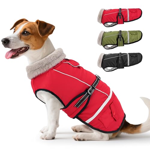 Woiil Hundemantel Winter, Hundemantel Wasserdicht für Mittelgroße Hunde mit Verstellbaren Schultergurten, Warm Hundejacke aus Fleece, Reflektierende Streifen, Geeignet für Border Collies (L,Rot) von Woiil