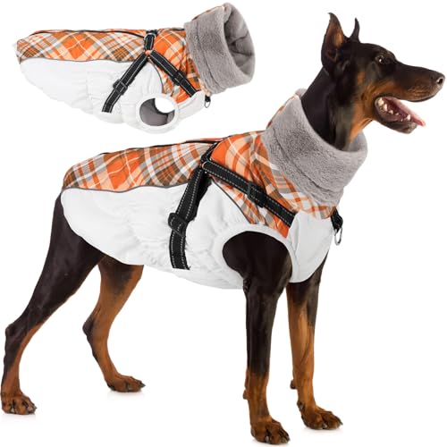 Woiil Hundemantel Winter, Hundemantel Wasserdicht für Grosse Hunde mit verstellbares Hundegeschirr, Warm Hundejacke aus Fleece, Reflektierende Streifen, Geeignet für Deutsche Schäferhunde (XXL,Weiß) von Woiil