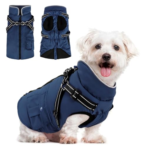 Woiil Hundemantel für Mittelgroße Hunde Winter Warmer Winter Wasserdicht Hundejacke Winddichter Wintermantel kuschelige Reflektierend Ärmellose mit Geschirr Outdoor Navyblau M von Woiil
