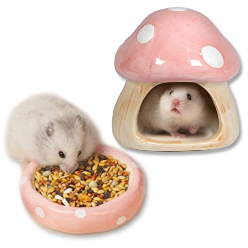 Pilzform Keramik niedliche Form zur Vermeidung von Verärgerungen Hamsterhaus Futternapf Rennmäuse Chinchilla Frettchen Igel Kleintiere (Rosa Pilz-Set) von Woleigiao