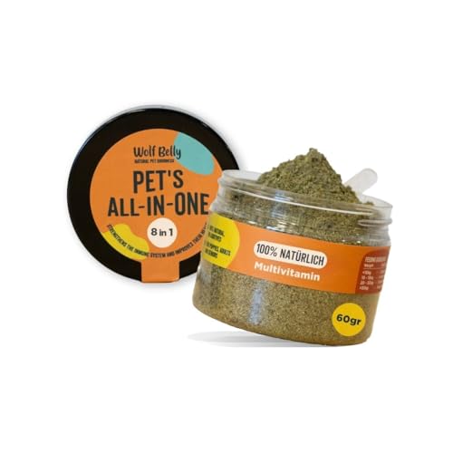 Wolf Belly - 8 in 1 Probiotika Hund und Katze 100% Natürlich (60 gr) Vitamine für Hunde Pulver, Nahrungsergänzungsmittel Hund Immunsystem Stärken mit Spirulina, Vitamine und Mineralien - All in One von Wolf Belly Natural Pet Goodness