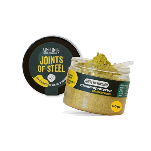 Wolf Belly - Grünlippmuschel Hund Pulver 100% Natürlich (60gr) Gelenkpulver für Hunde und Katzen Vitamine, MSM für Arthrose Hund, Gesundheitsprodukte mit hohem Kurkuma für Hunde - Joints of Steel von Wolf Belly Natural Pet Goodness